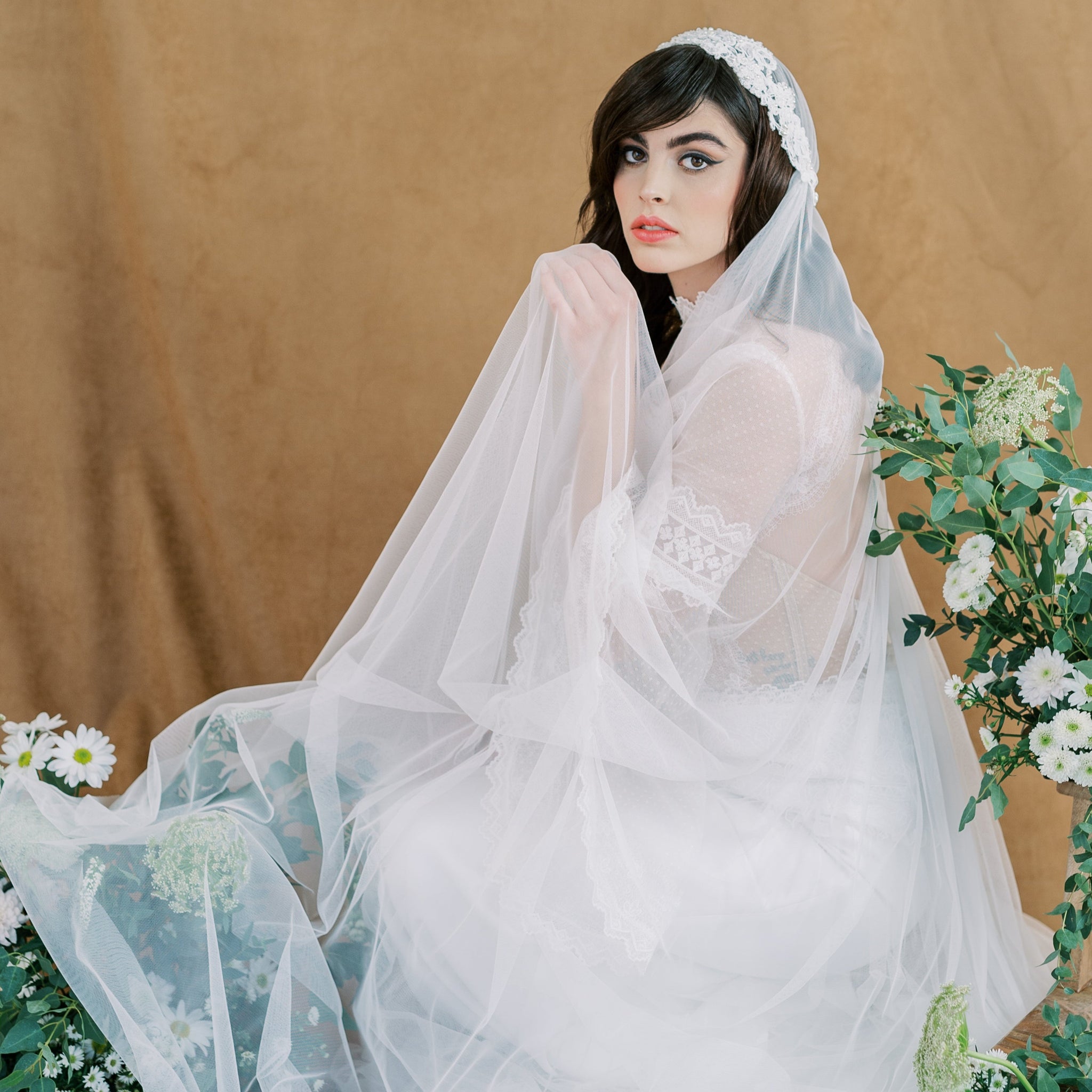 Long Cathedral Veil With Lace Edge Beaded French Alencon Lace 