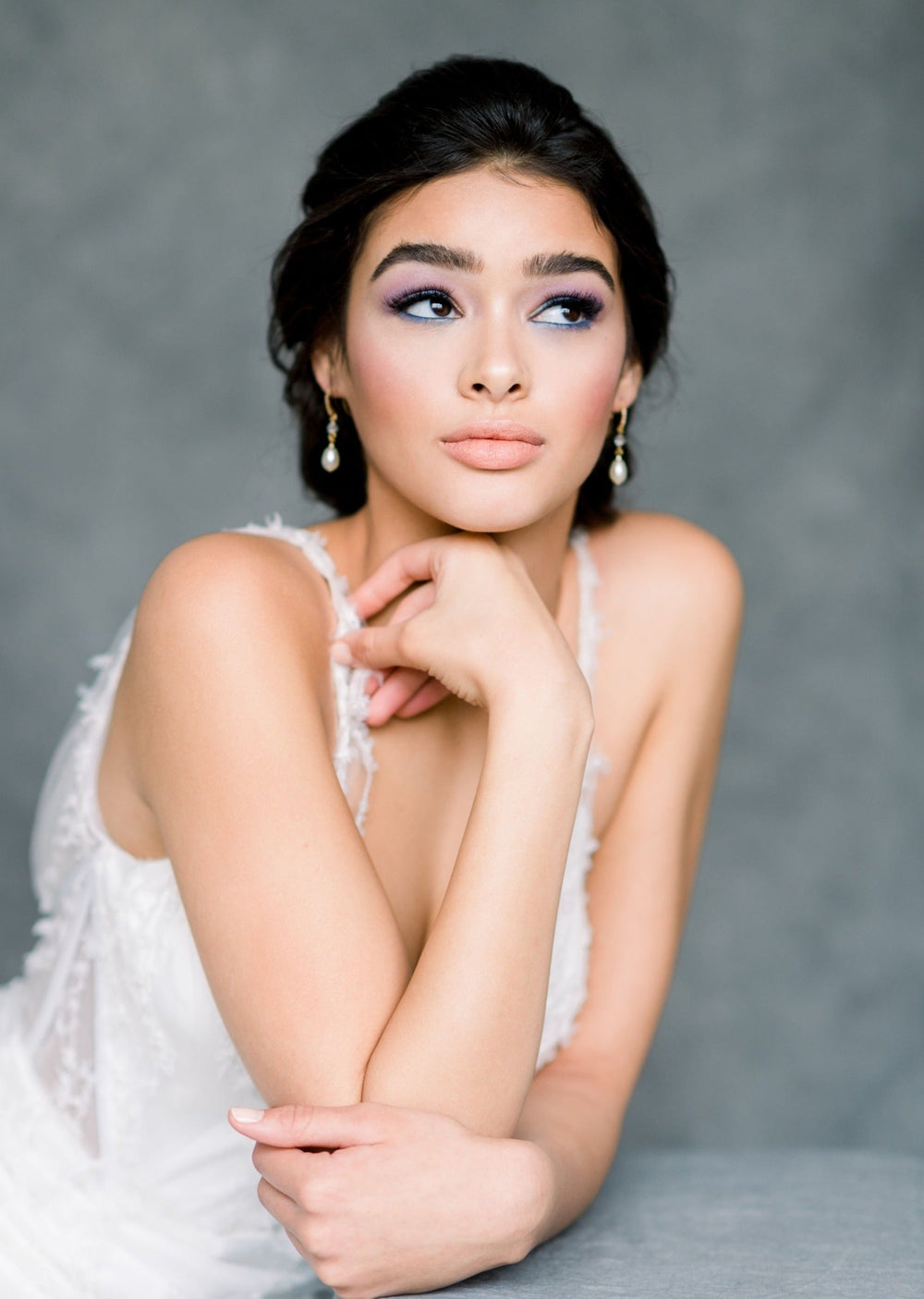 gold pearl dangle bridal earrings