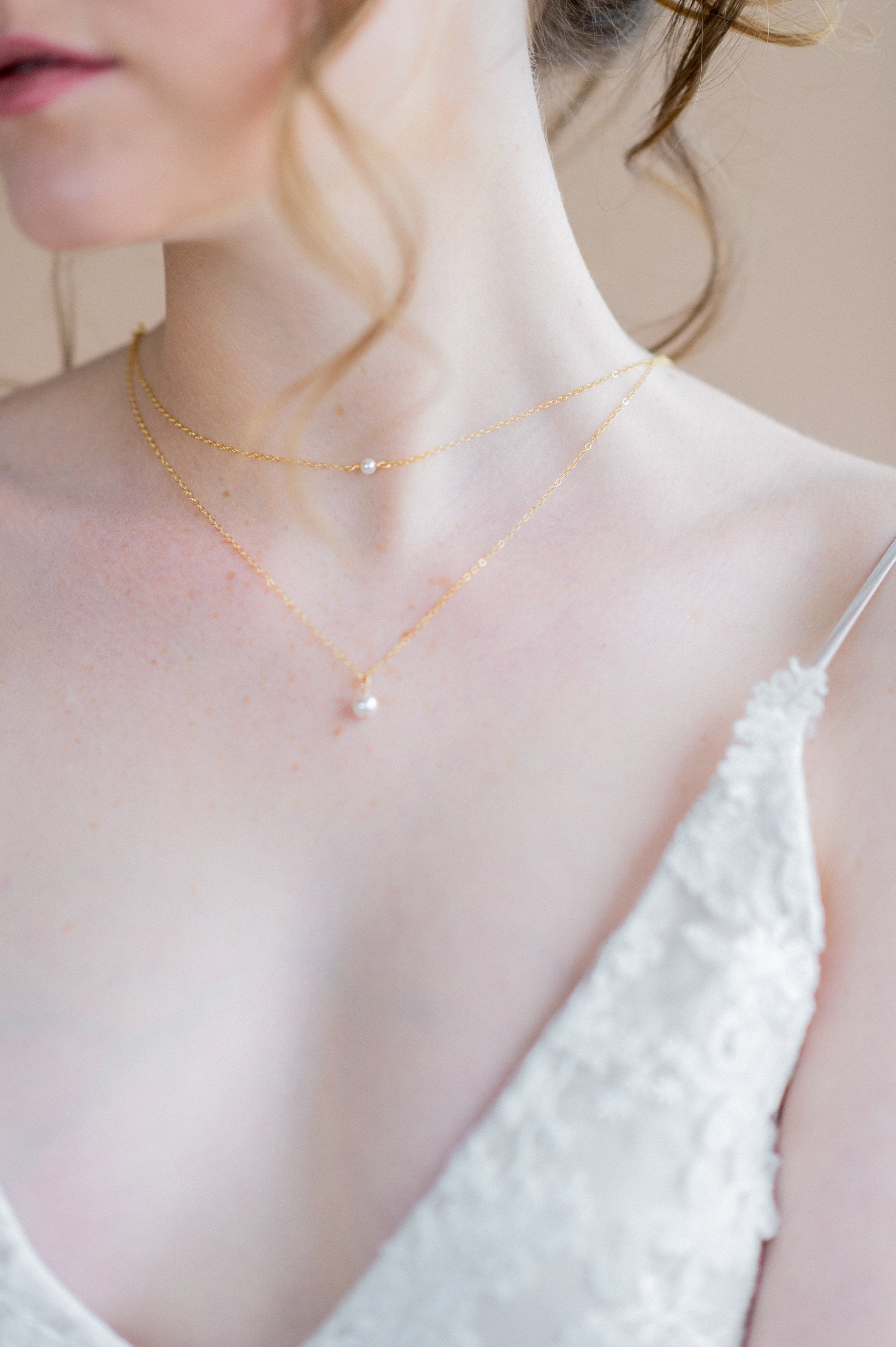 modern minimalist rose gold swarovski pearl bridal layered necklace - made in toronto ontario canada - blair nadeau bridal adornments - whitney heard photography