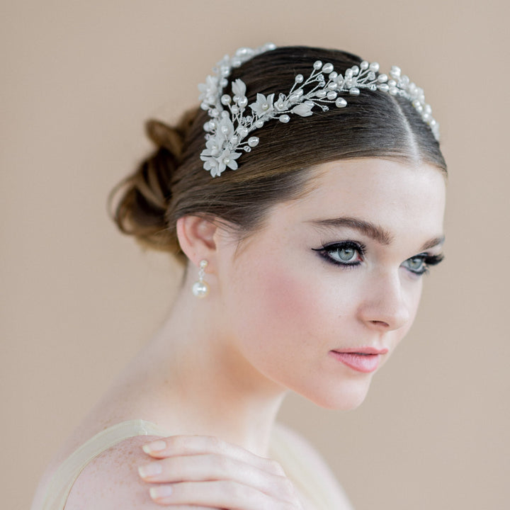 silver clay flower pearl and crystal double bridal headband crown made in toronto canada by Blair nadeau bridal adornments
