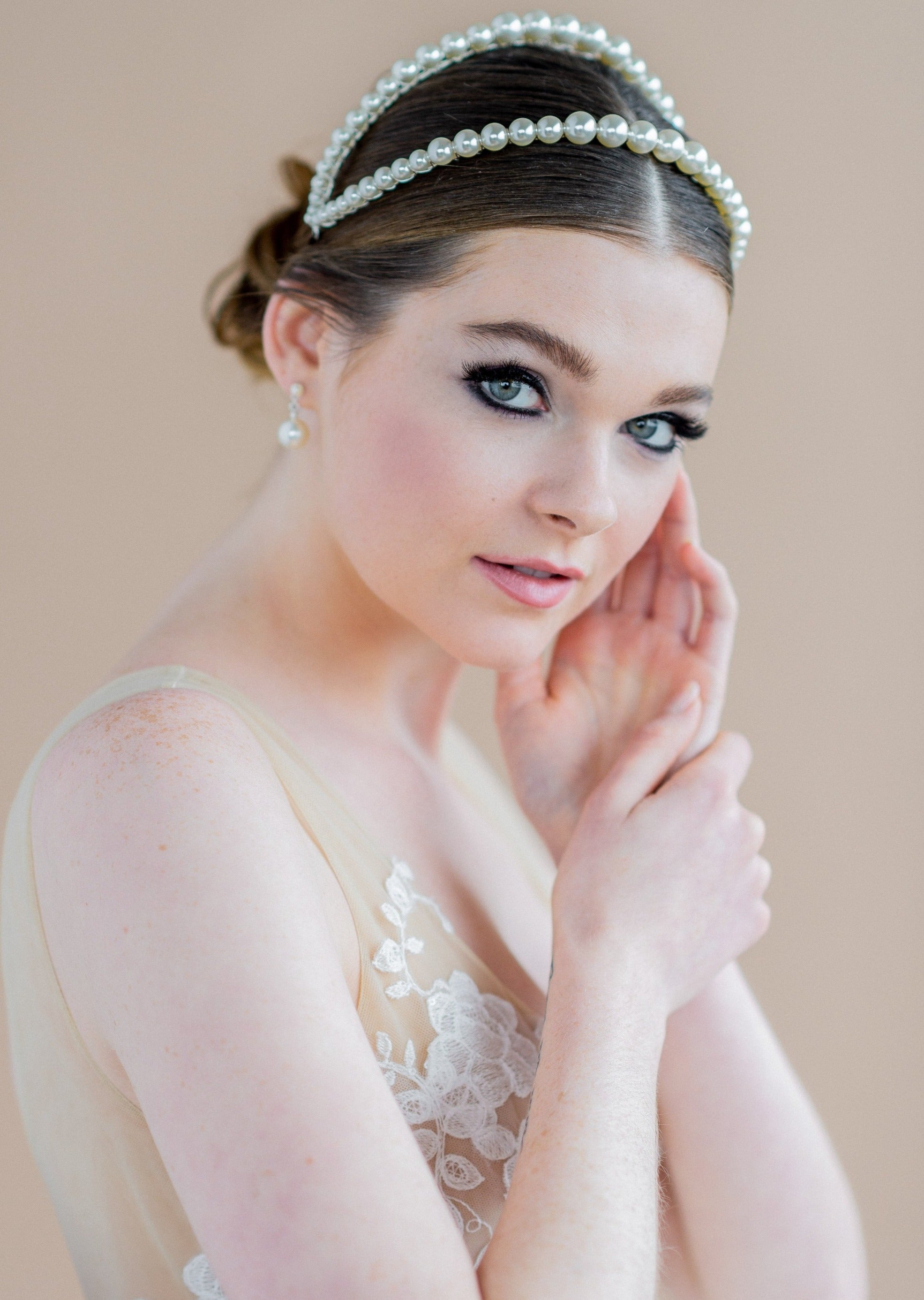 gold large ivory pearl double headband coronet - blair nadeau bridal adornments - handmade in toronto ontario canada - whitney heard photography