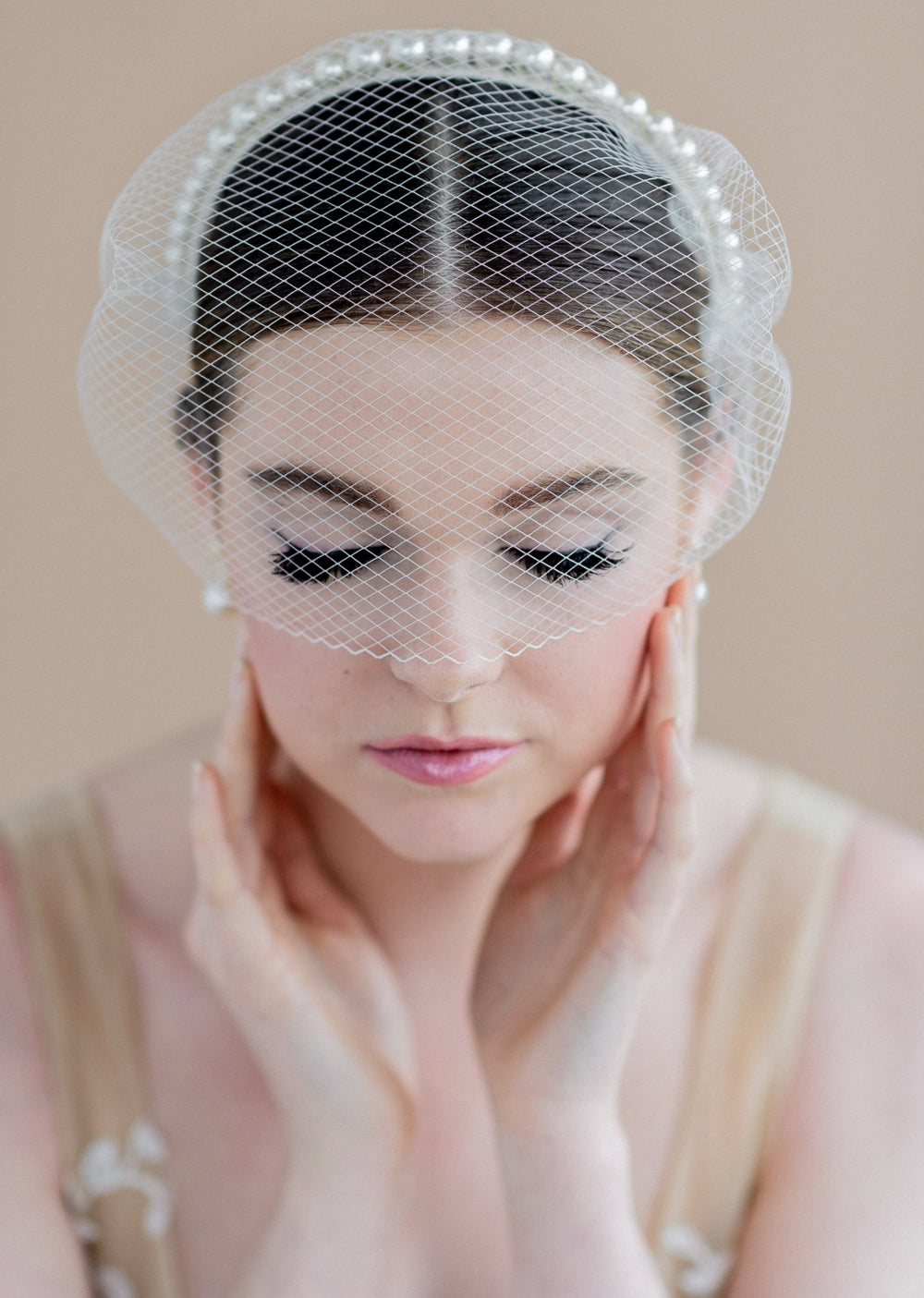 ivory vintage birdcage cage bandeau style veil with pearl headband - made in toronto ontario canada - blair nadeau bridal adornments - whitney heard photography