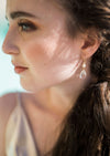 bridal earrings in gold with large crystal teardrops and round glass pearls. Modern wedding jewelry