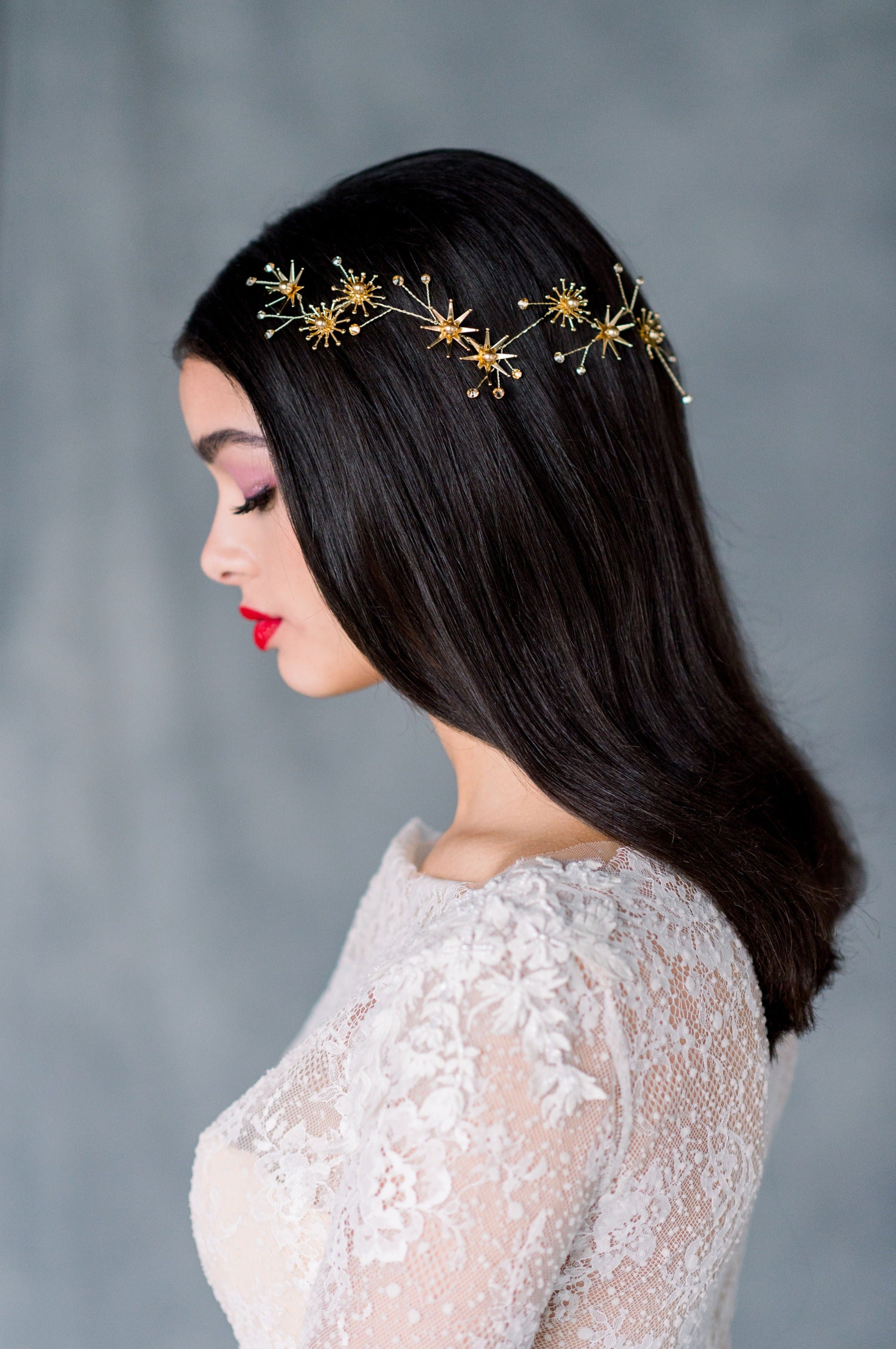 Silver Starburst and Star Pearl and Crystal Wedding Hair Vine, made in Toronto Ontario Canada, Blair Nadeau Bridal, Whitney Heard Photography