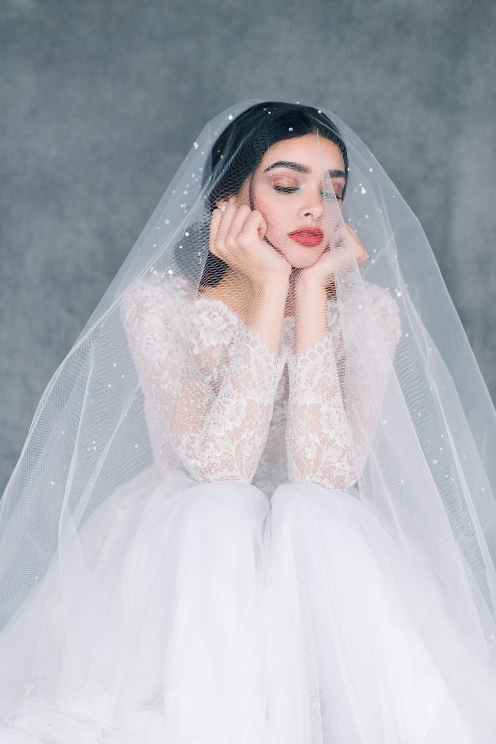Pure White Crystal and Pearl Hand Embellished Soft Tulle Statement Drop Veil,