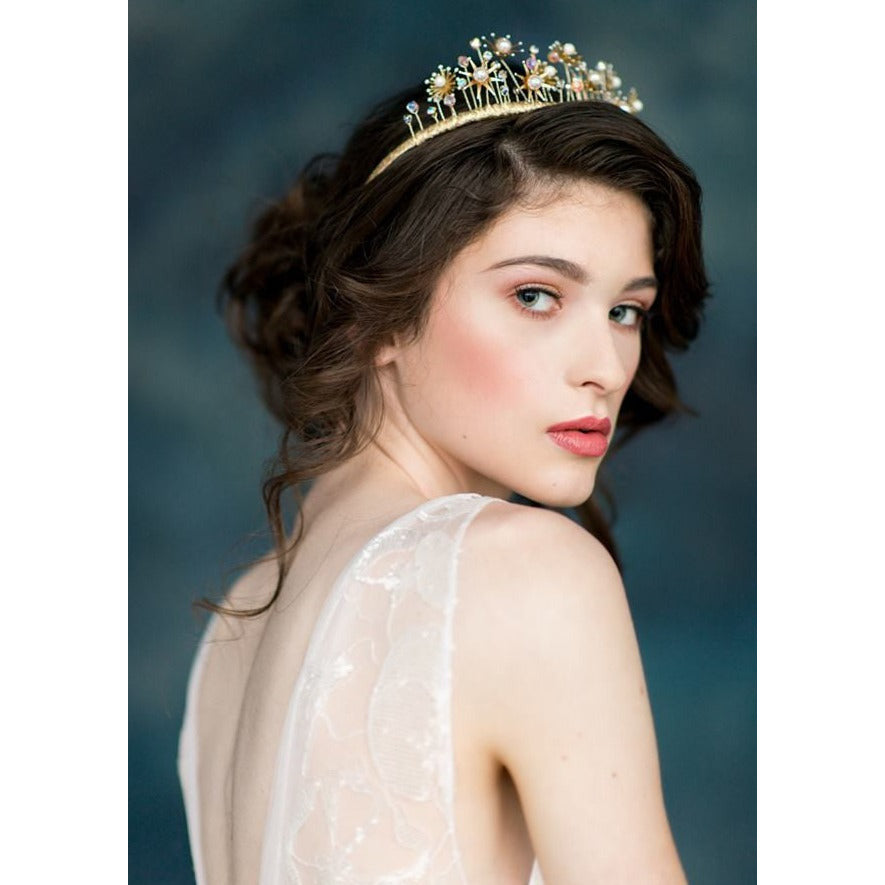 gold starburst celestial inspired bridal crown with crystals and pearls