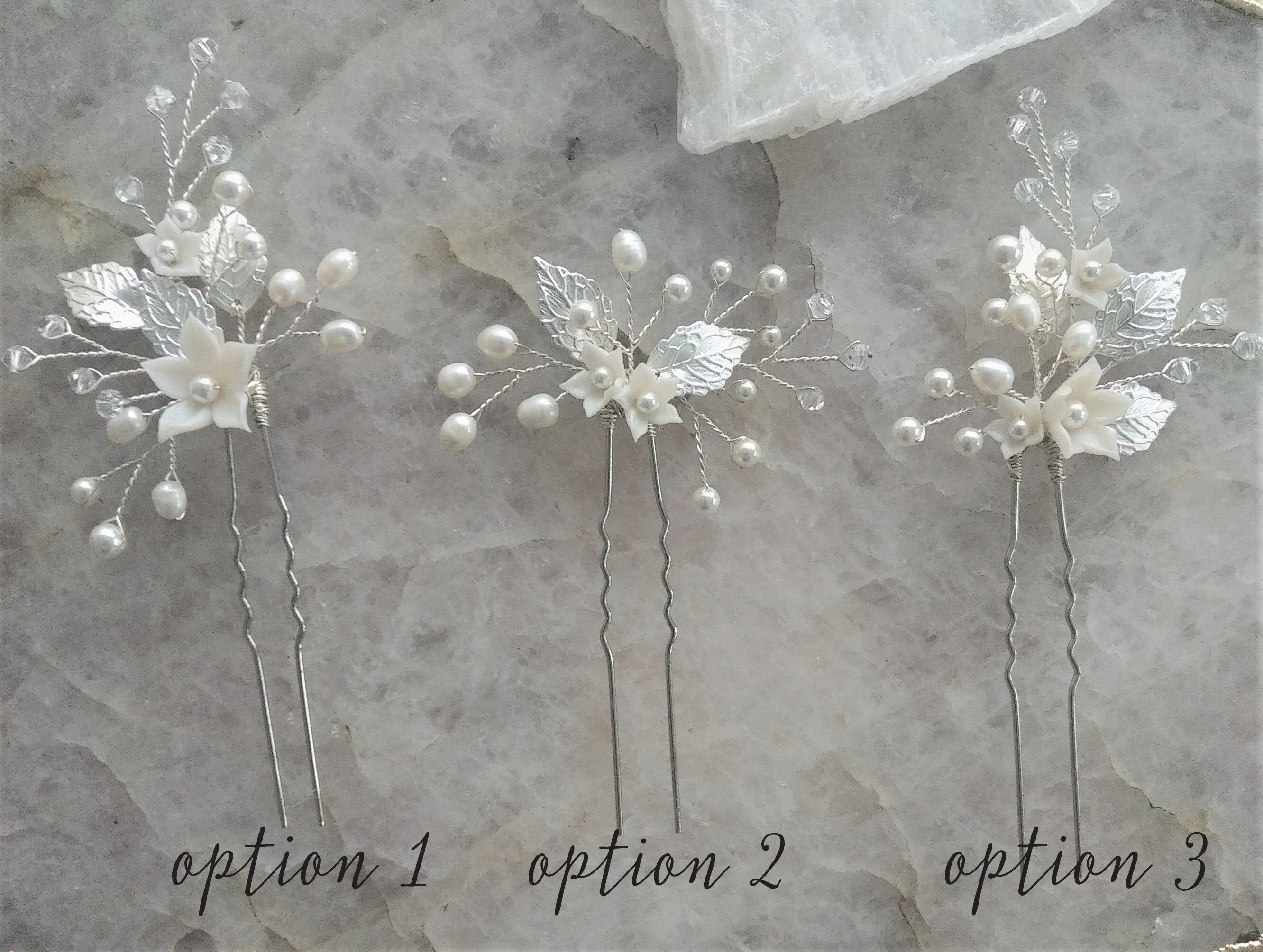 silver bridal hair pins with leaves, crystals, pearls and flowers - blair nadeau bridal adornments - toronto ontario canada - whitney heard photography