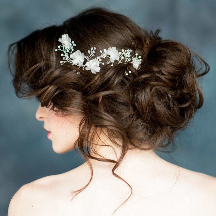 Ivory Silk Flower Bridal Hair Vine with crystals and pearls- Handmade in Toronto Canada - Blair Nadeau 