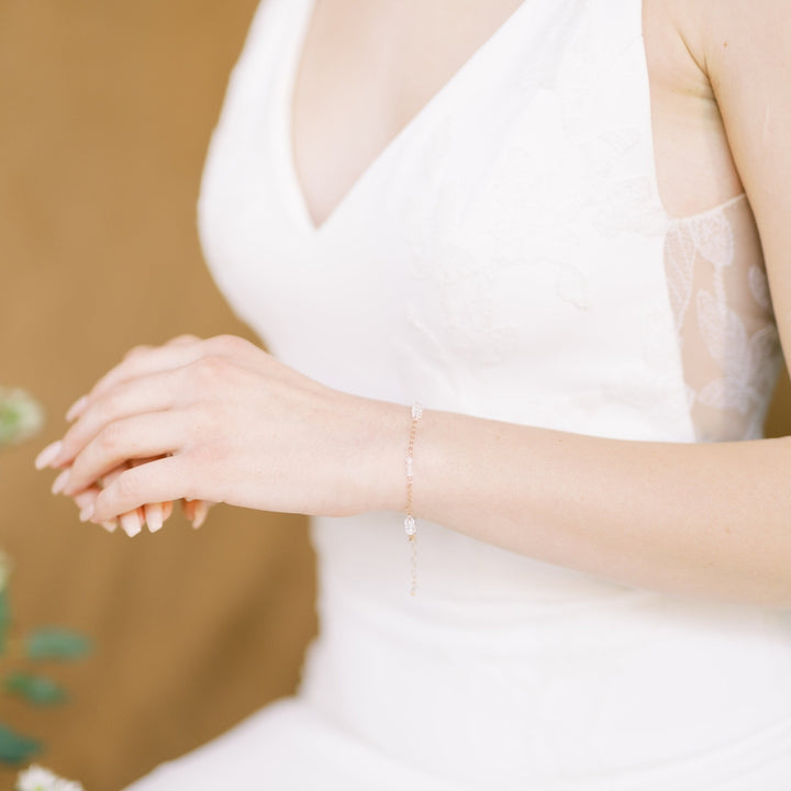 delicate sterling or filled bridal bracelet with beaded bars of sparkling preciosa crystal beads. available in multiple lengths with an extender chain if desired and in silver, gold or rose gold finished with clear crystals or aurora borealis. handmade in toronto canada by blair nadeau bridal adornments