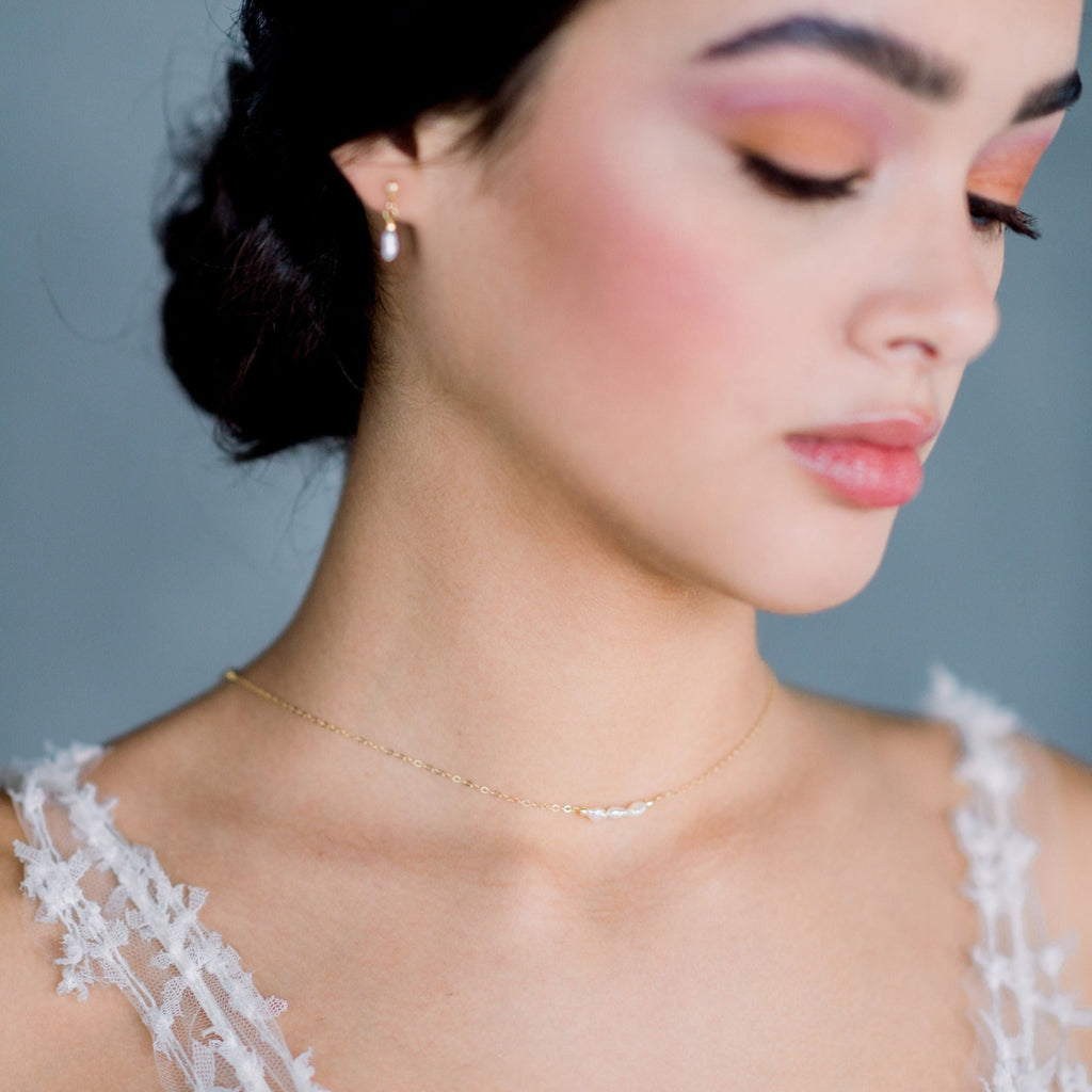 simple vintage biwa freshwater pearl bridal necklace for wedding, available in silver, gold and rose gold finishes. made in toronto ontario canada by blair nadeau bridal adornments
