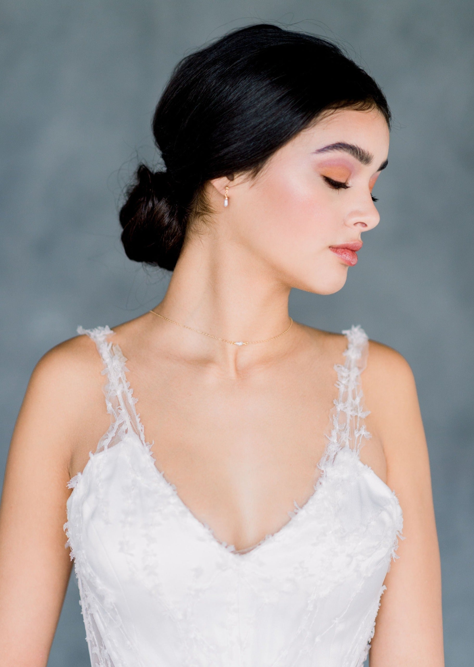 simple single vintage biwa freshwater pearl bridal necklace for modern bride - available in silver, gold and rose gold finishes - handmade in toronto ontario canada by blair nadeau bridal adornments