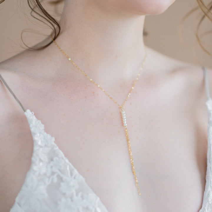 small pearl y drop necklace with chain fringe for brides handmade in toronto canada by blair nadeau bridal