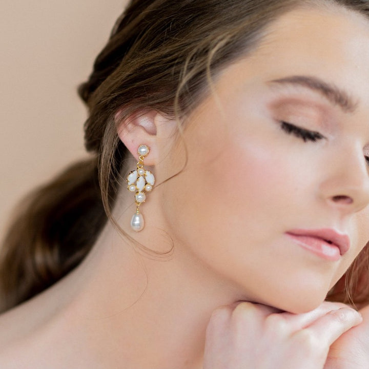 Rose Gold Pearl & White Crystal Chandelier Drop Earrings - handmade in Toronto Ontario Canada - Blair Nadeau Bridal Adornments - Whitney Heard Photography