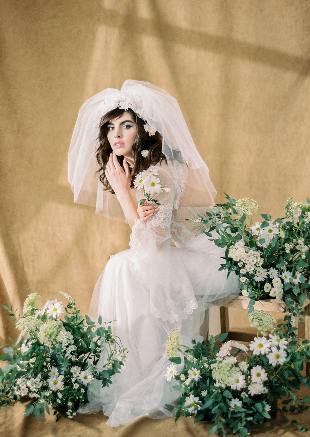 Pure White, Off White or Ivory raw cut edge double layer blusher veil. Extra full volume veil has a poof  affect and can be worn flipped back for extra volume or worn forward as a blusher.  Handmade in Canada by Blair Nadeau Bridal Adornments