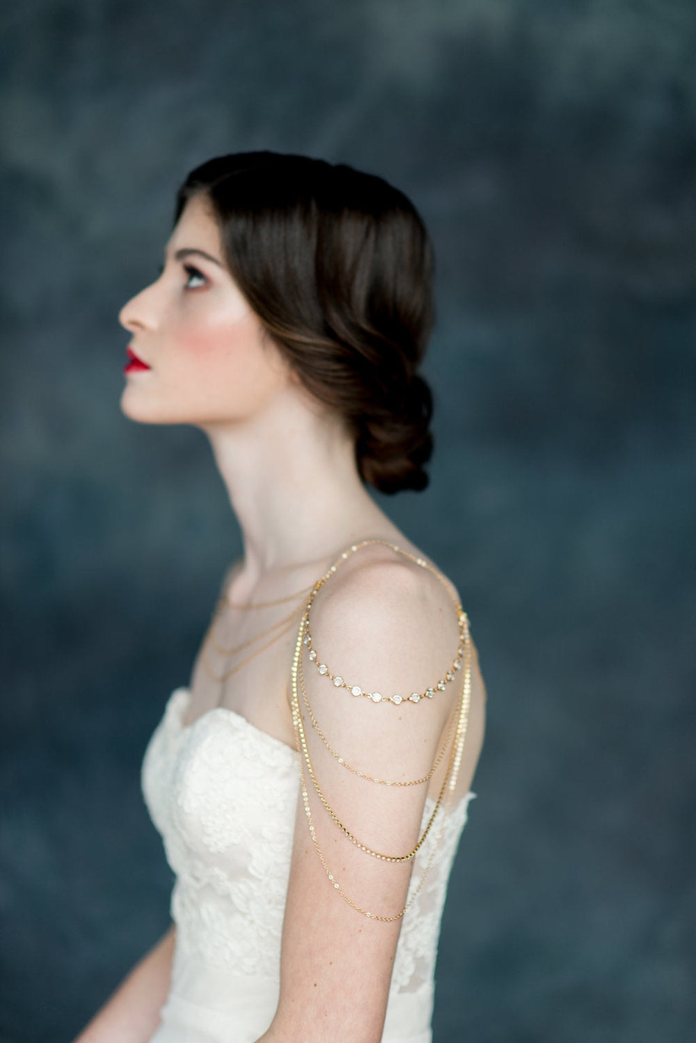rhinestone and crystal chain shoulder necklace with draped sleeves, front and back. available in silver, gold and rose gold finishes - handmade in toronto ontario canada by blair nadeau bridal adonrments