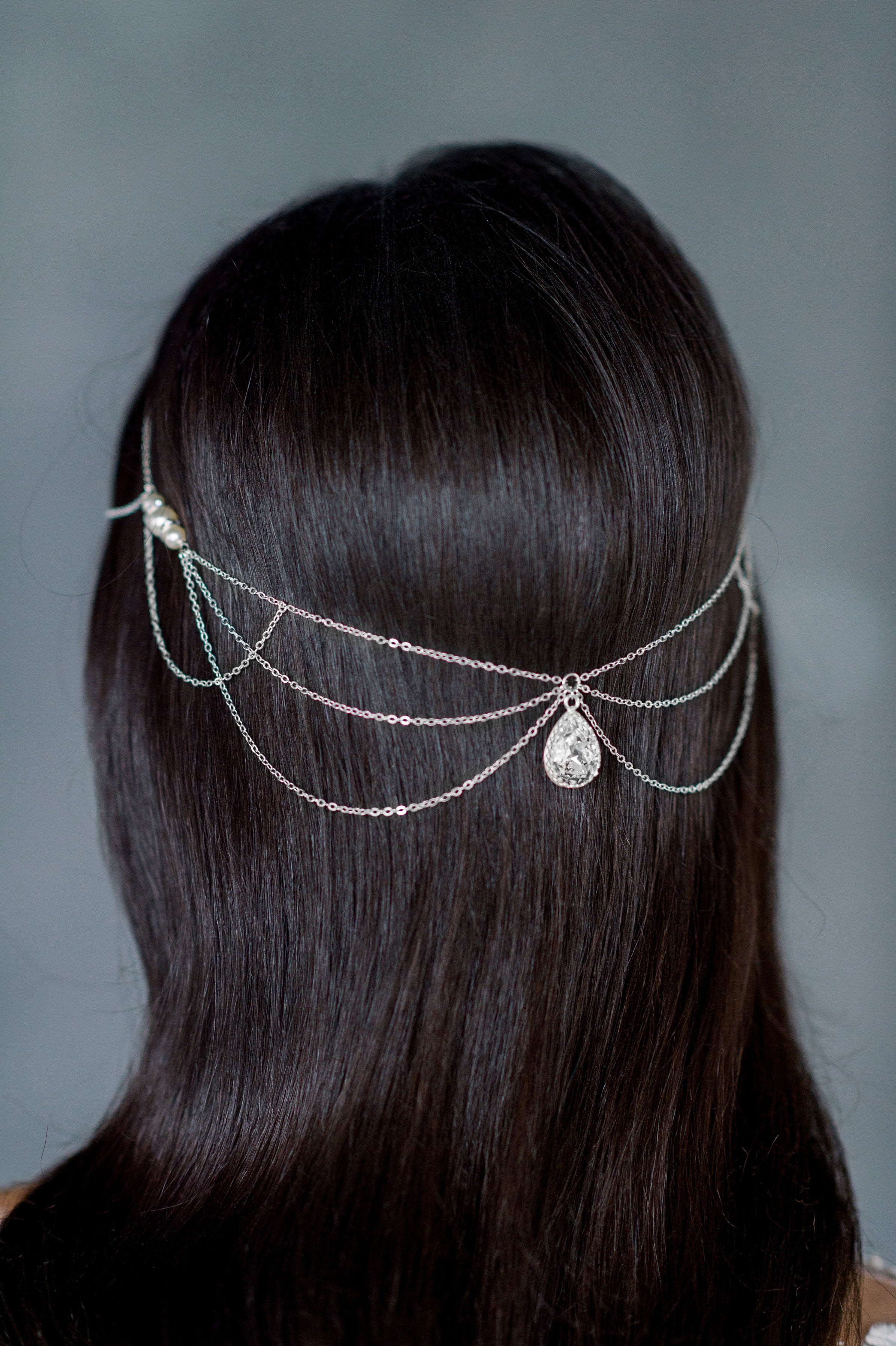  Pearl & Crystal Festival Inspired Bohemian Bridal Hair Chain Jewelry - available in silver, gold and rose gold - made in Toronto Ontario Canada - Blair Nadeau Bridal