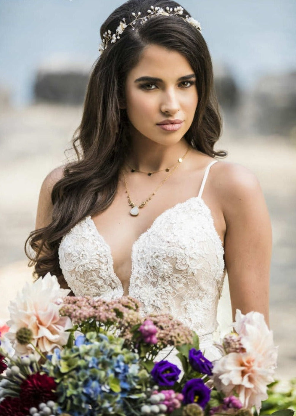 extra long gold clay flower hair vine with pearls and crystals handmade in toronto canada by blair nadeau