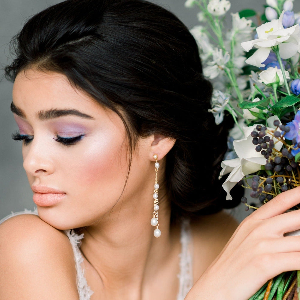 extra long gold and white Freshwater Pearl Chain Drop wedding earrings. made in toronto canada by Blair nadeau bridal adornments