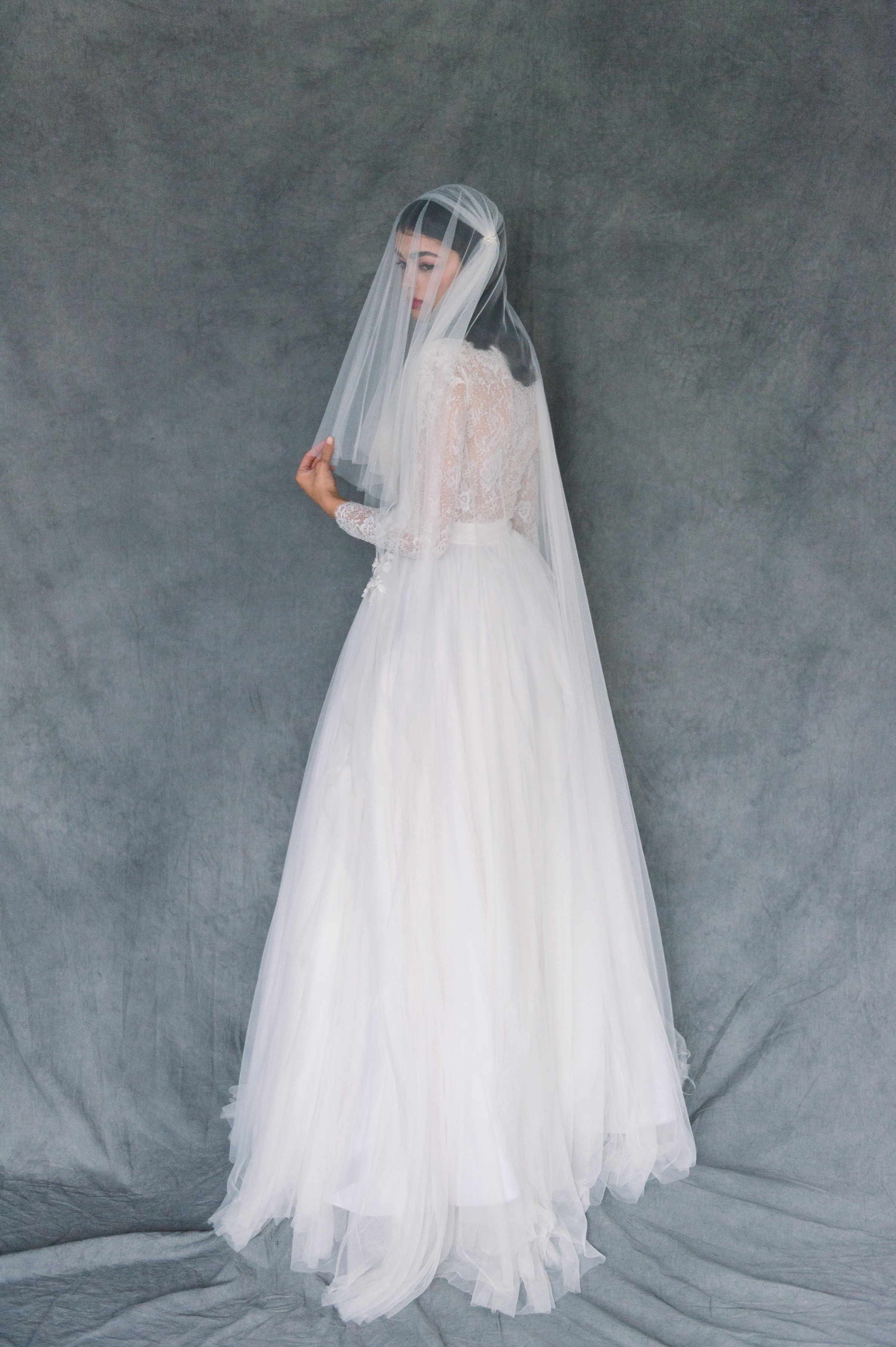 Off White Modern Vintage Inspired Juliet Cap Veil with Blusher and Swarovski Pearls - Made in Toronto Ontario Canada - Blair Nadeau Bridal - Whitney Heard Photography