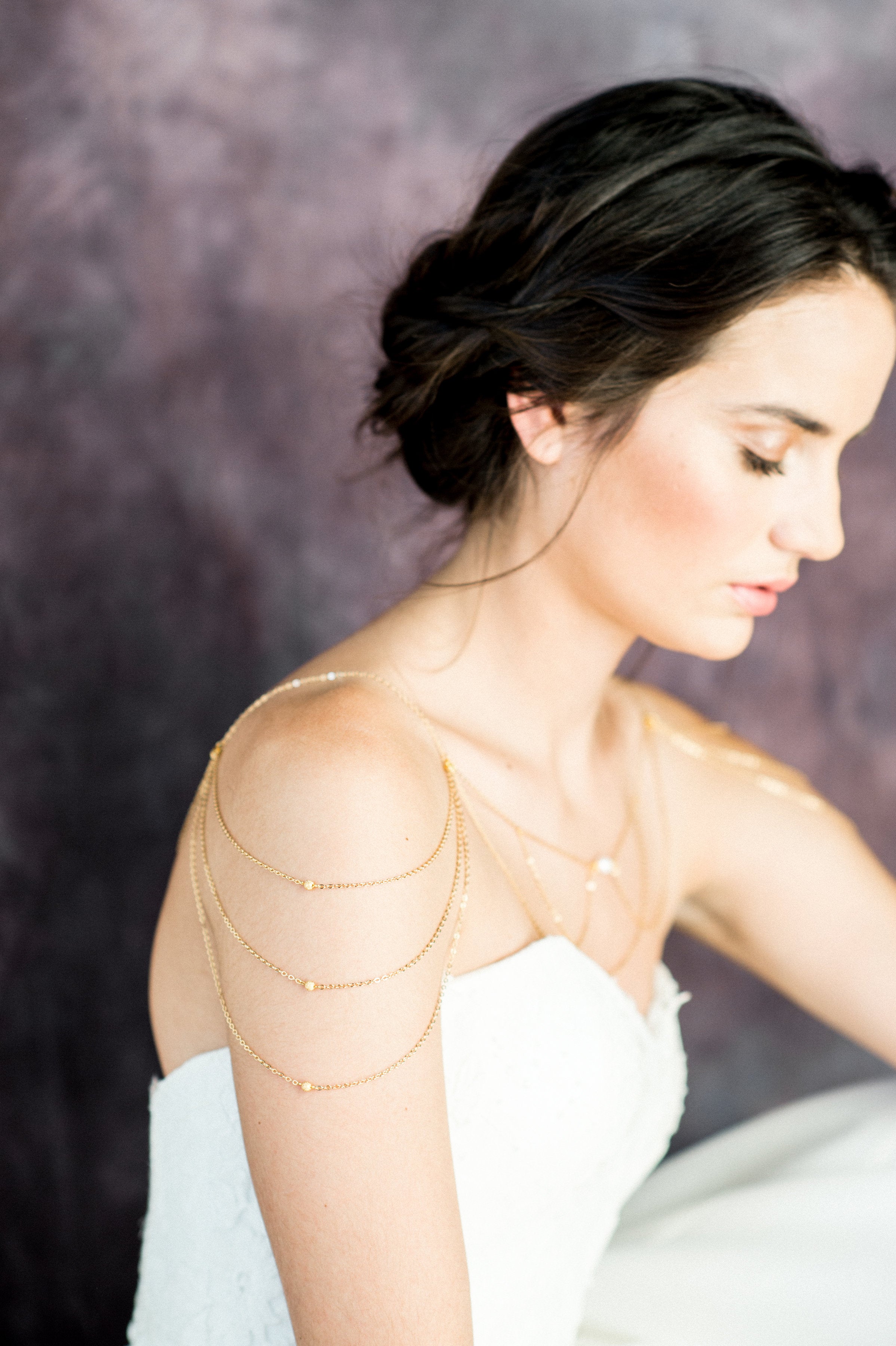 Gold Pearl Delicate Draped Shoulder Necklace - Handmade in Toronto Canada - Blair Nadeau Bridal Adornments - Whitney Heard Photography