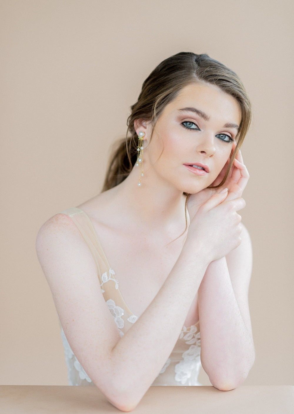 gold extra long statement pearl stud Bridal Earrings - blair nadeau bridal adornments - whitney heard photography