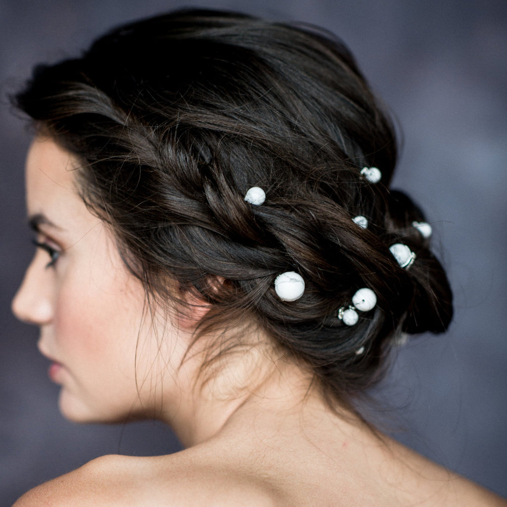 White Howlite Marble Modern Bridal Hair Pins - Handmade in Toronto Canada - Blair Nadeau Bridal Adornments - Whitney Heard Photography