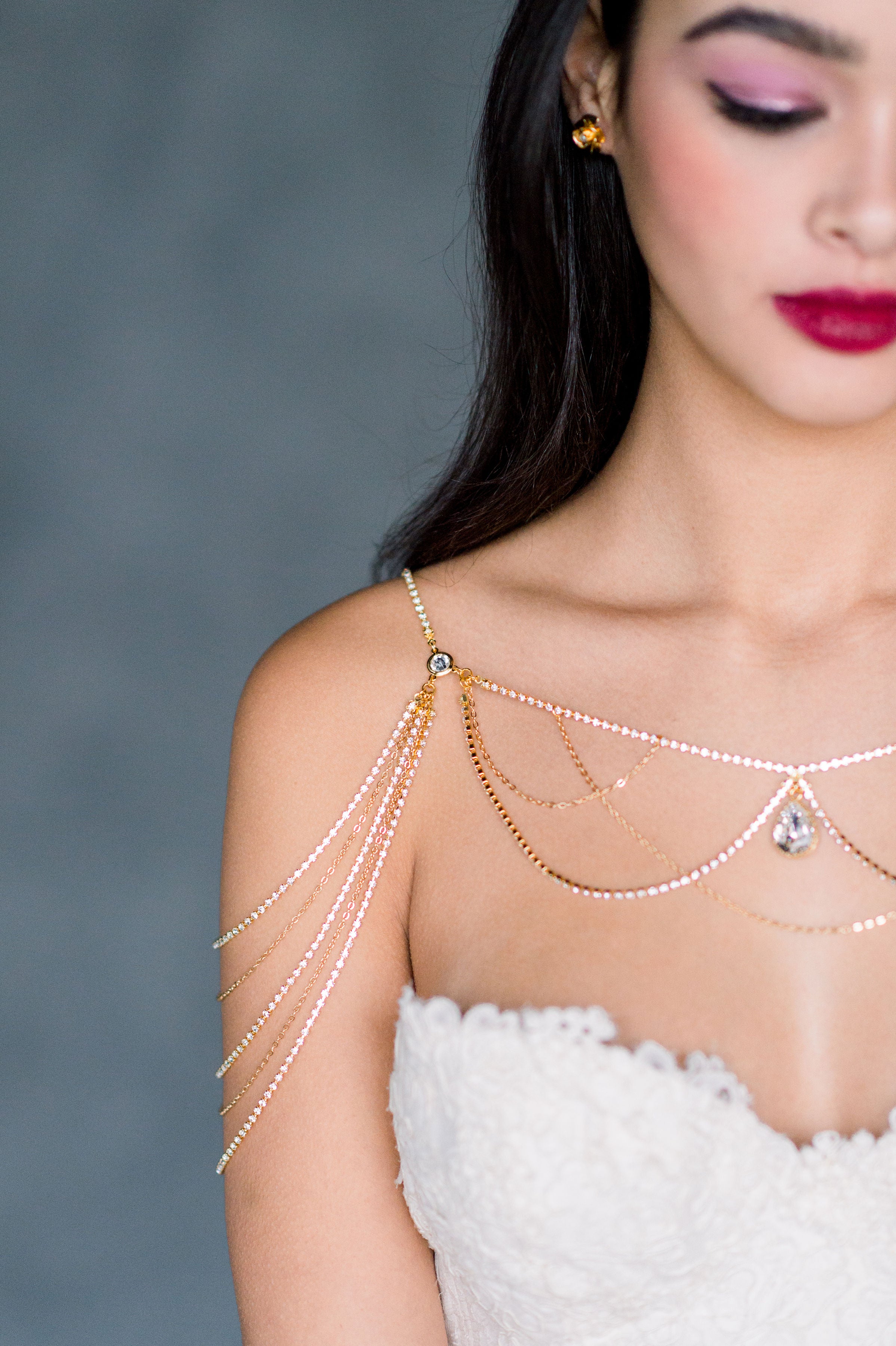 crystal draped shoulder necklace body jewelry for strapless wedding dress - available in silver, gold and rose gold - handmade in toronto ontario canada by Blair Nadeau Bridal Adornments