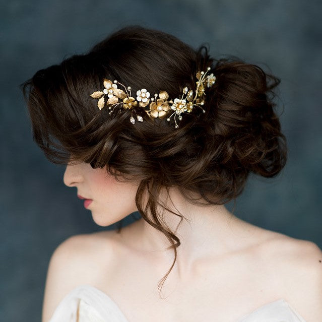 golden brass bridal  hair vine with flowers, pearls and crystals. handmade in canada by blair nadeau 