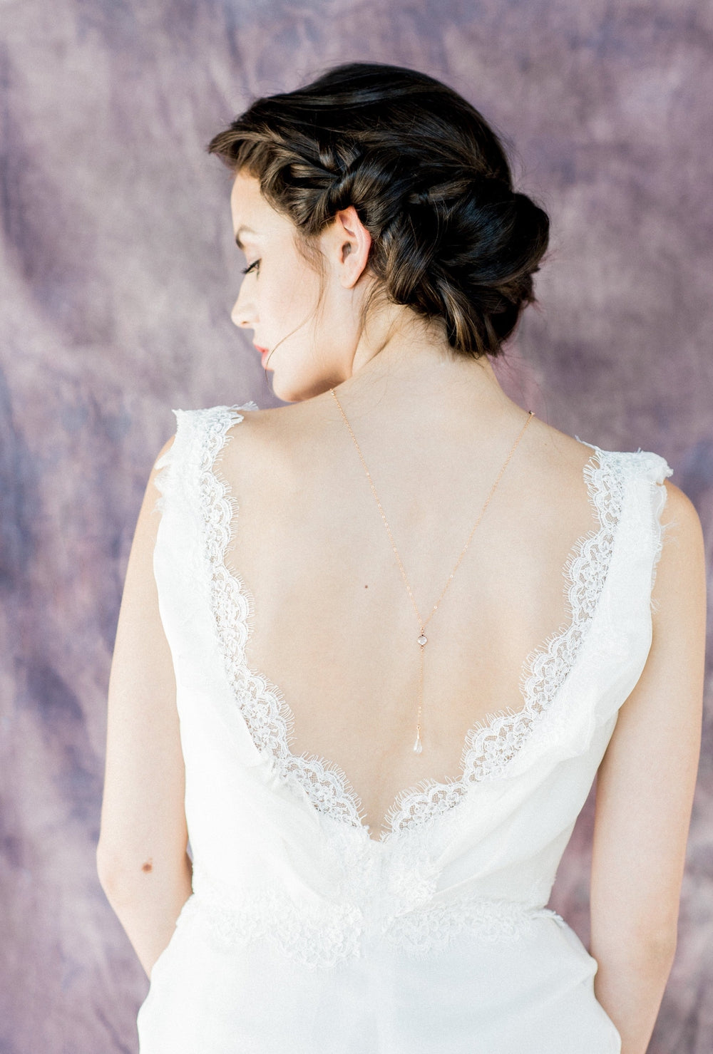 dainty Y drop back necklace in rose gold for brides in canada