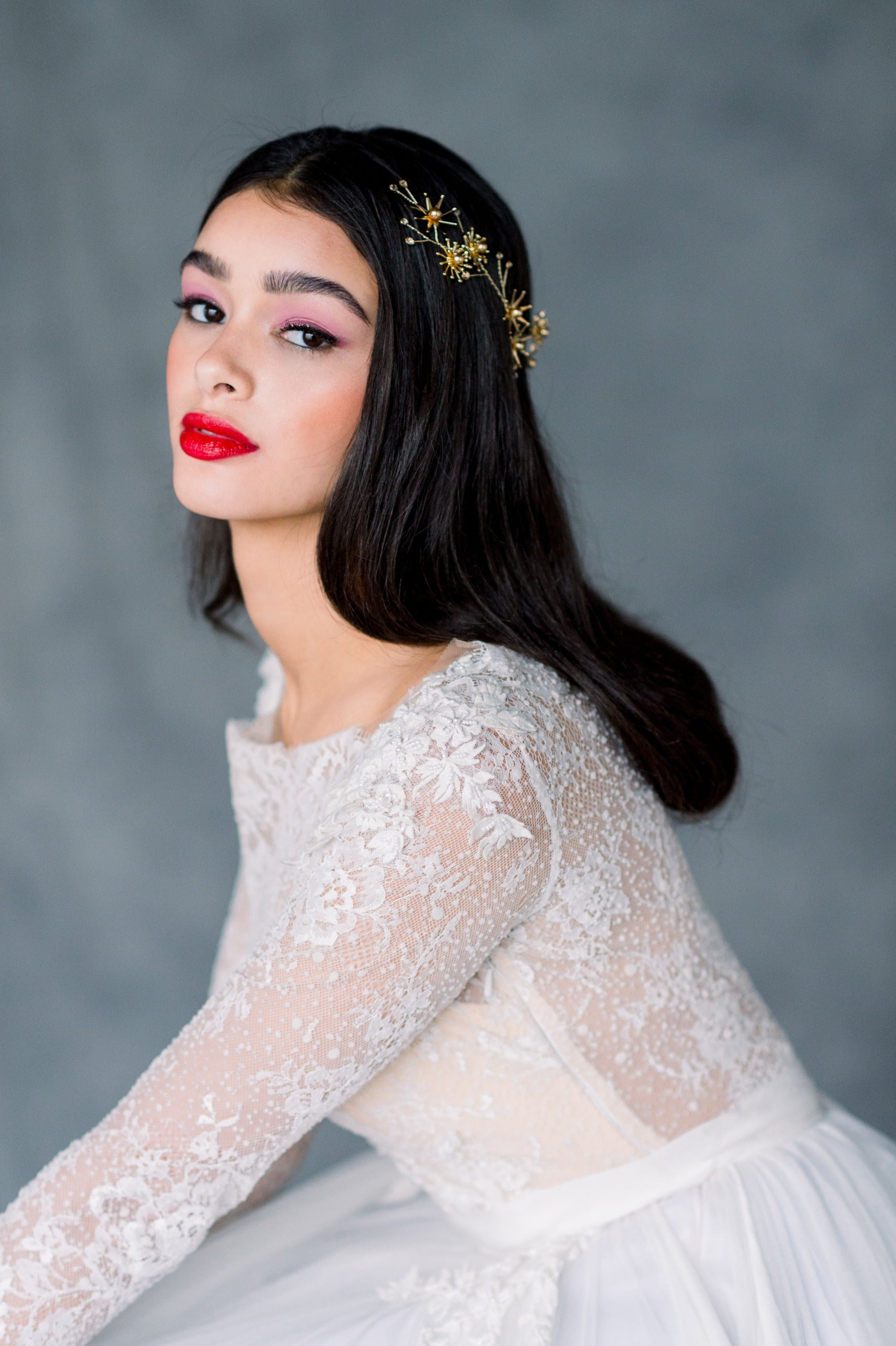 Silver Starburst and Star Pearl and Crystal Wedding Hair Vine, made in Toronto Ontario Canada, Blair Nadeau Bridal, Whitney Heard Photography