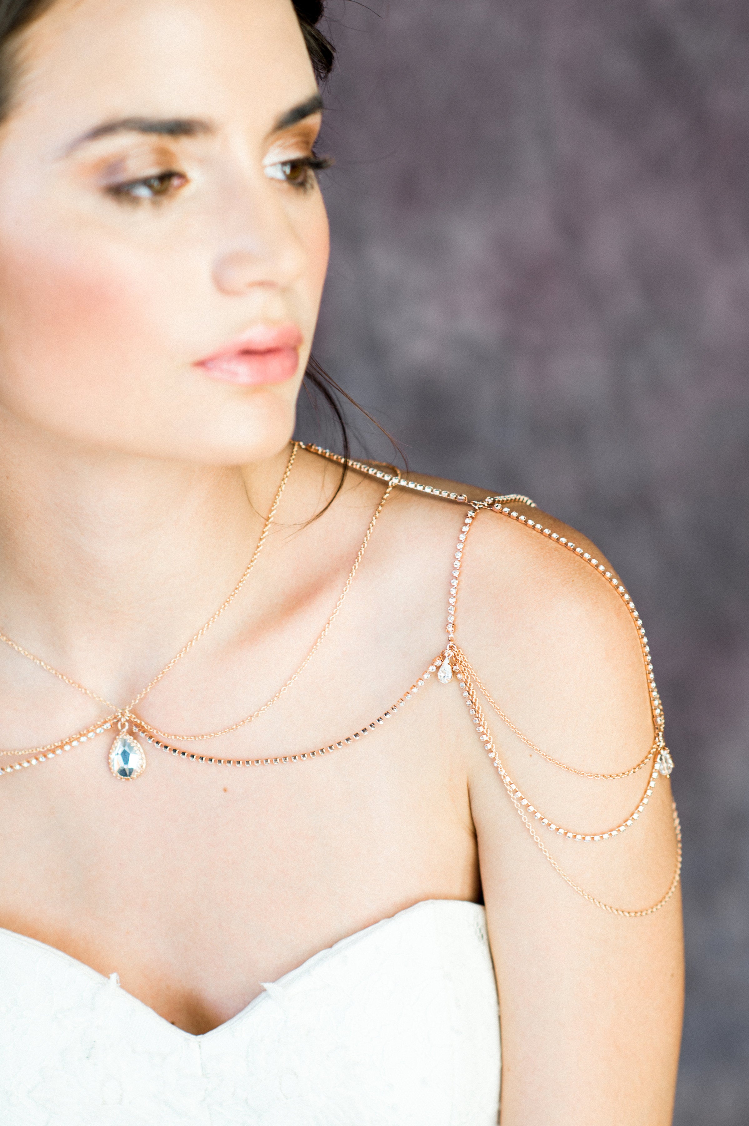 Rose Gold Teardrop Bridal Shoulder Necklace - Handmade in Toronto Canada - Blair Nadeau Bridal Adornments - Whitney Heard Photography