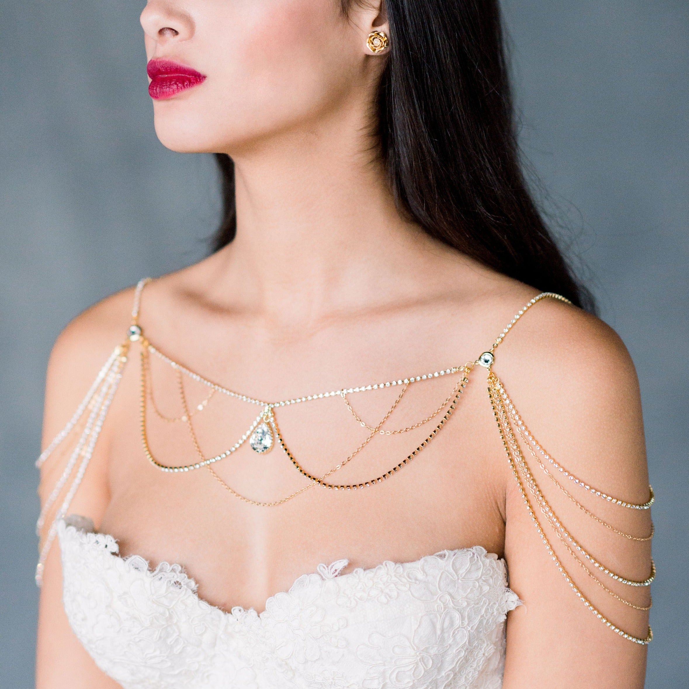 crystal draped shoulder necklace body jewelry for strapless wedding dress - available in silver, gold and rose gold - handmade in toronto ontario canada by Blair Nadeau Bridal Adornments