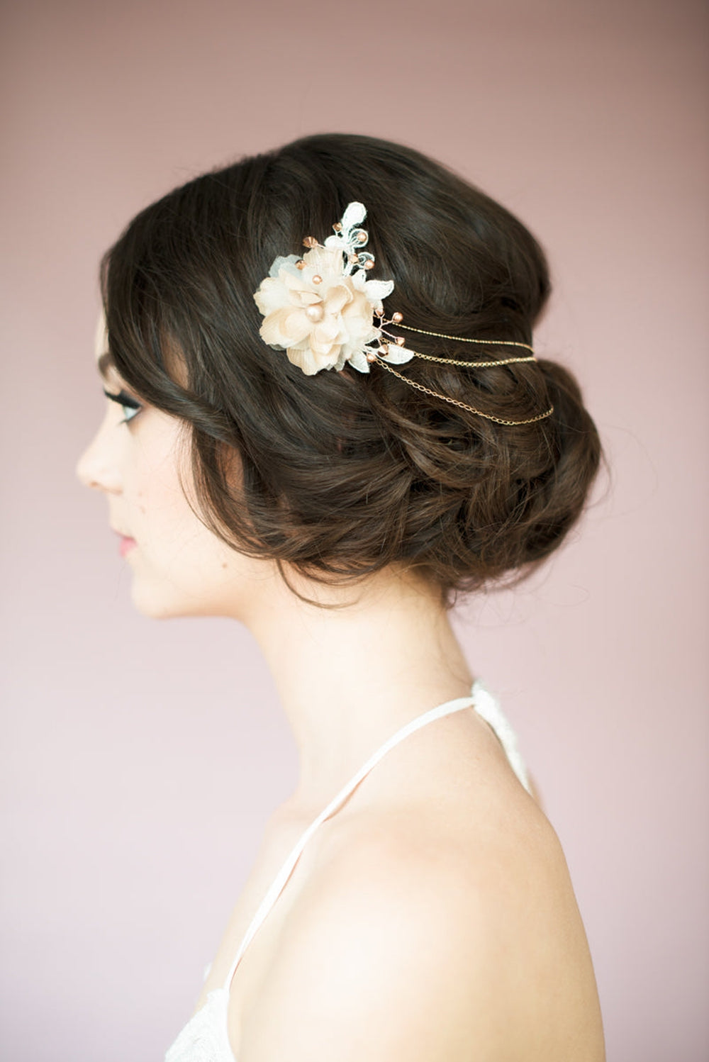rose gold bridal hair chain with silk flowers, lace and crystals. made by hand in toronto canada by blair nadeau