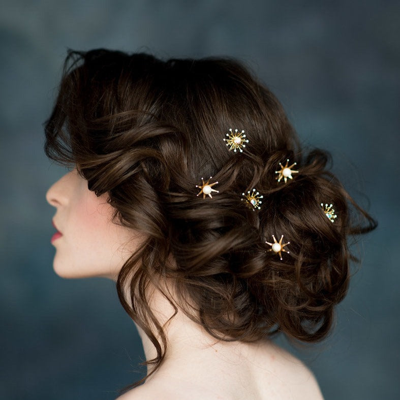 celestial hair pins for bridal updo with stars & and crystals and available in silver, gold, rose gold with white, ivory, blush, iridescent pearls and clear, white opal or aurora borealis crystals. large pearl bridal headband for modern brides. made in toronto canada by Blair nadeau bridal adornments