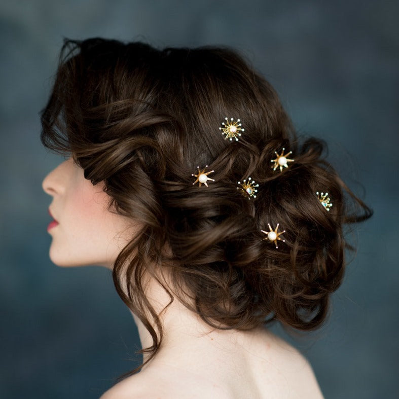 celestial hair pins for bridal updo with stars & and crystals and available in silver, gold, rose gold with white, ivory, blush, iridescent pearls and clear, white opal or aurora borealis crystals. large pearl bridal headband for modern brides. made in toronto canada by Blair nadeau bridal adornments