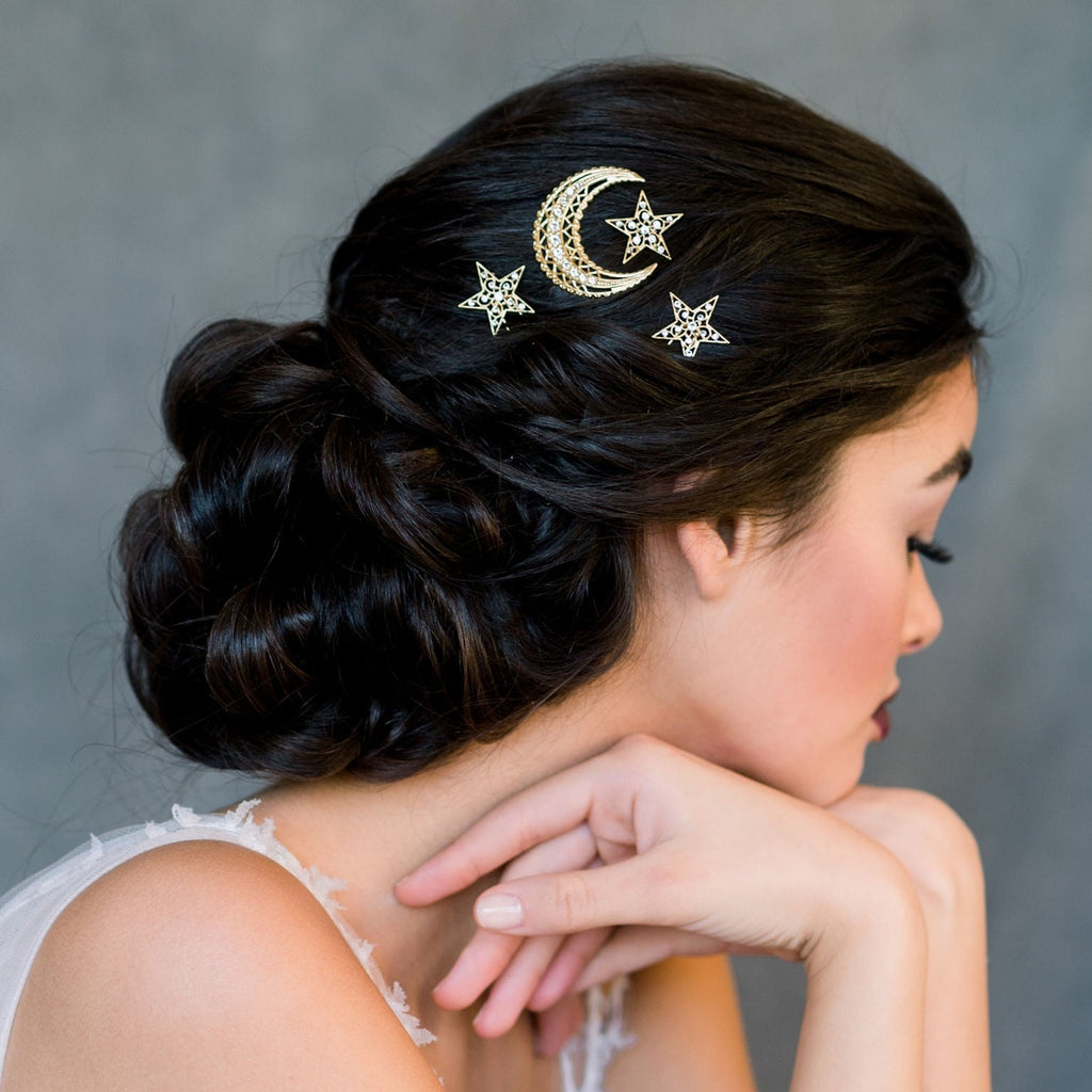  Starburst Celestial Moon & Star Bridal Hair Pin Set - Handmade in Toronto Ontario Canada - Blair Nadeau Bridal 