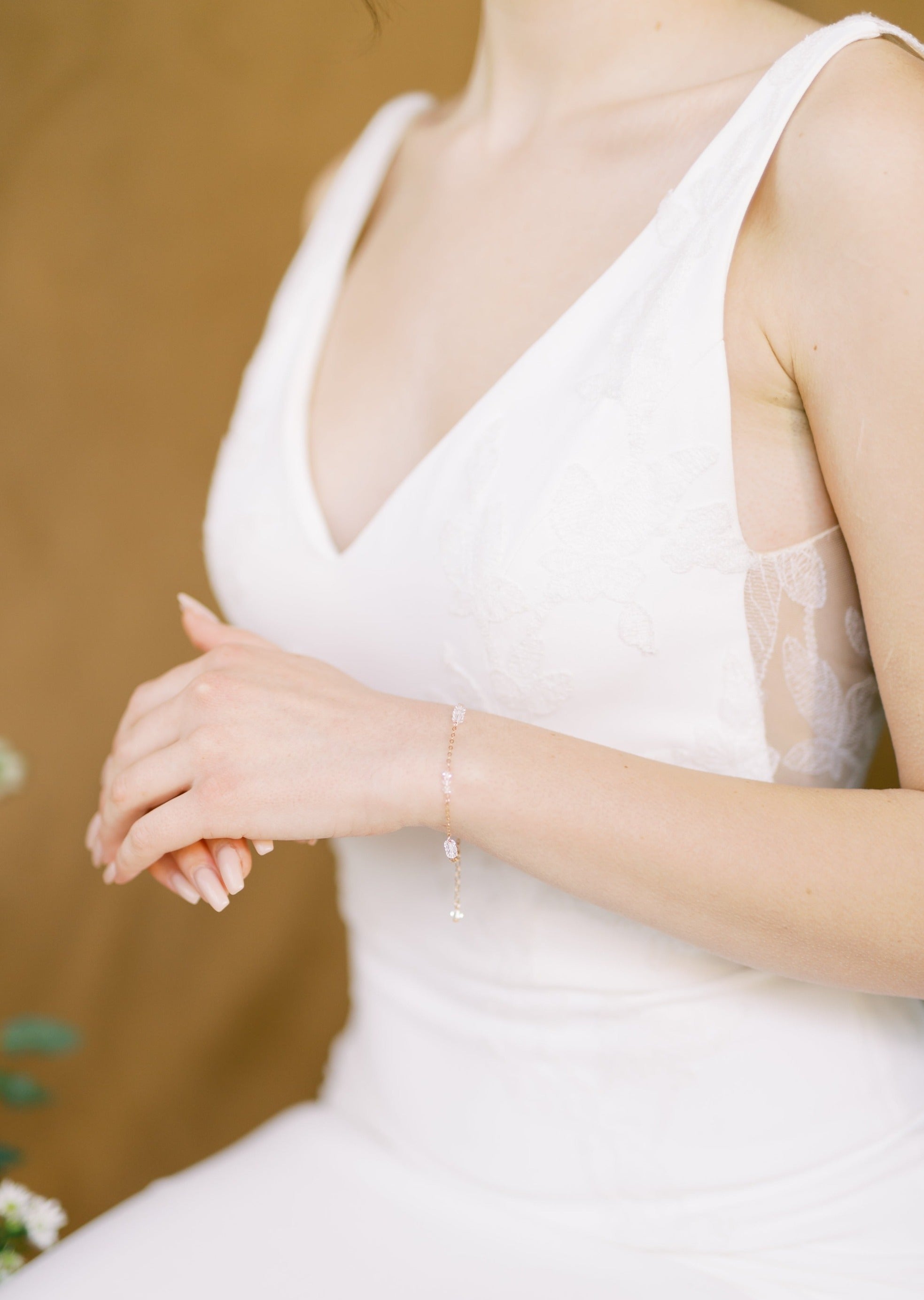 dainty gold crystal beaded chain bridal bracelet for brides