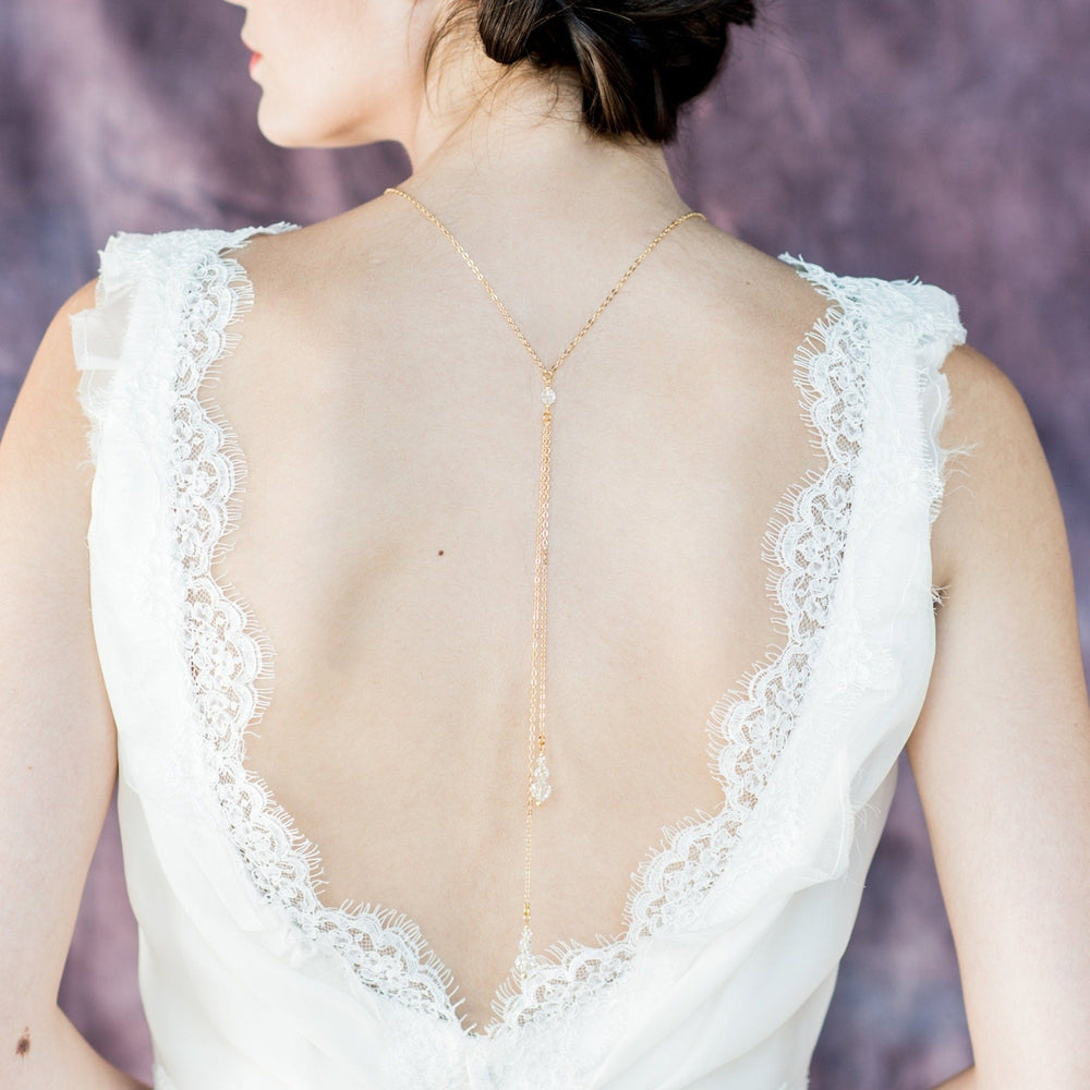 gold double strand crystal backdrop necklace with chains and crystals for wedding dress. made in toronto canada by Blair nadeau bridal adornments