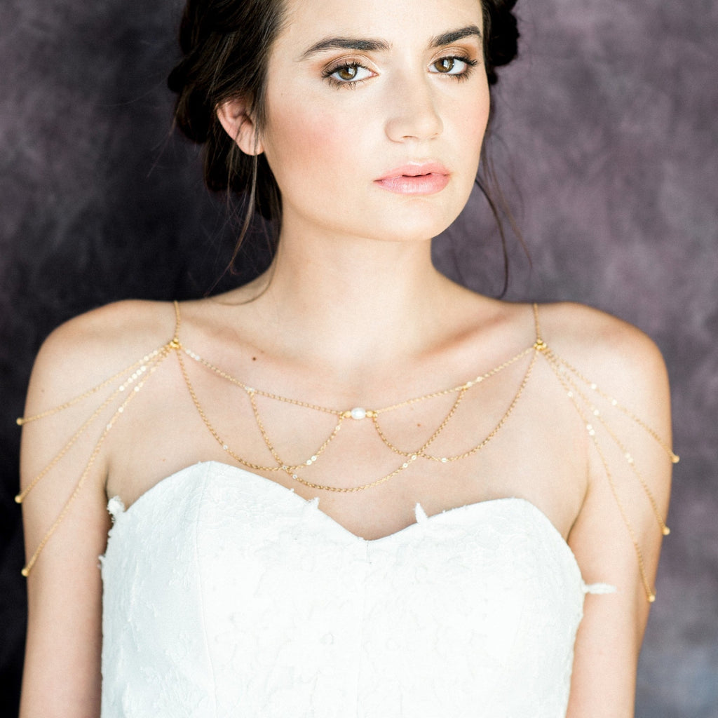 best selling gold freshwater pearl bridal shoulder necklace for strapless wedding dresses. made in toronto canada by Blair nadeau bridal adornments