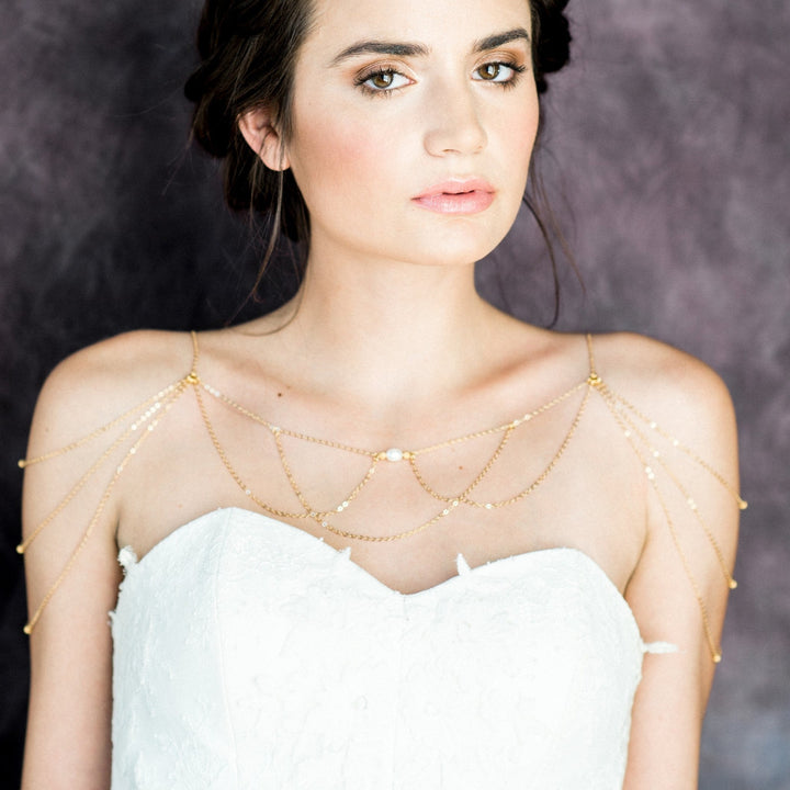best selling gold freshwater pearl bridal shoulder necklace for strapless wedding dresses. made in toronto canada by Blair nadeau bridal adornments