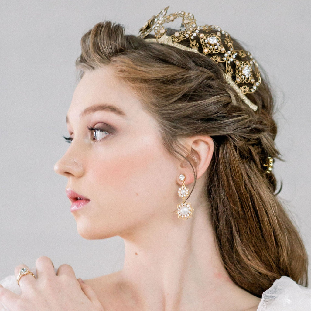 gold plated bridgerton inspired filigree earrings with 2 medallions accented with pearls and crystals with a rhinestone stud. handmade in canada by blair nadeau bridal adornments