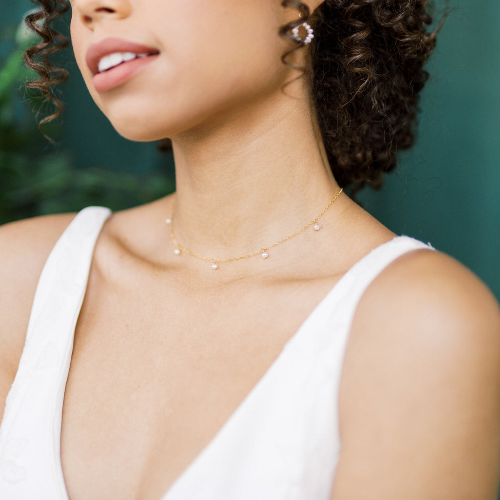delicate and dainty single layer bridal necklace with tiny freshwater pearl dangle drops handlinked to the necklace hand. Available with an extender chain for adjustability and in Sterling silver, gold filled and rose gold filled. Made in Toronto Canada by Blair  Nadeau Bridal Adornments.