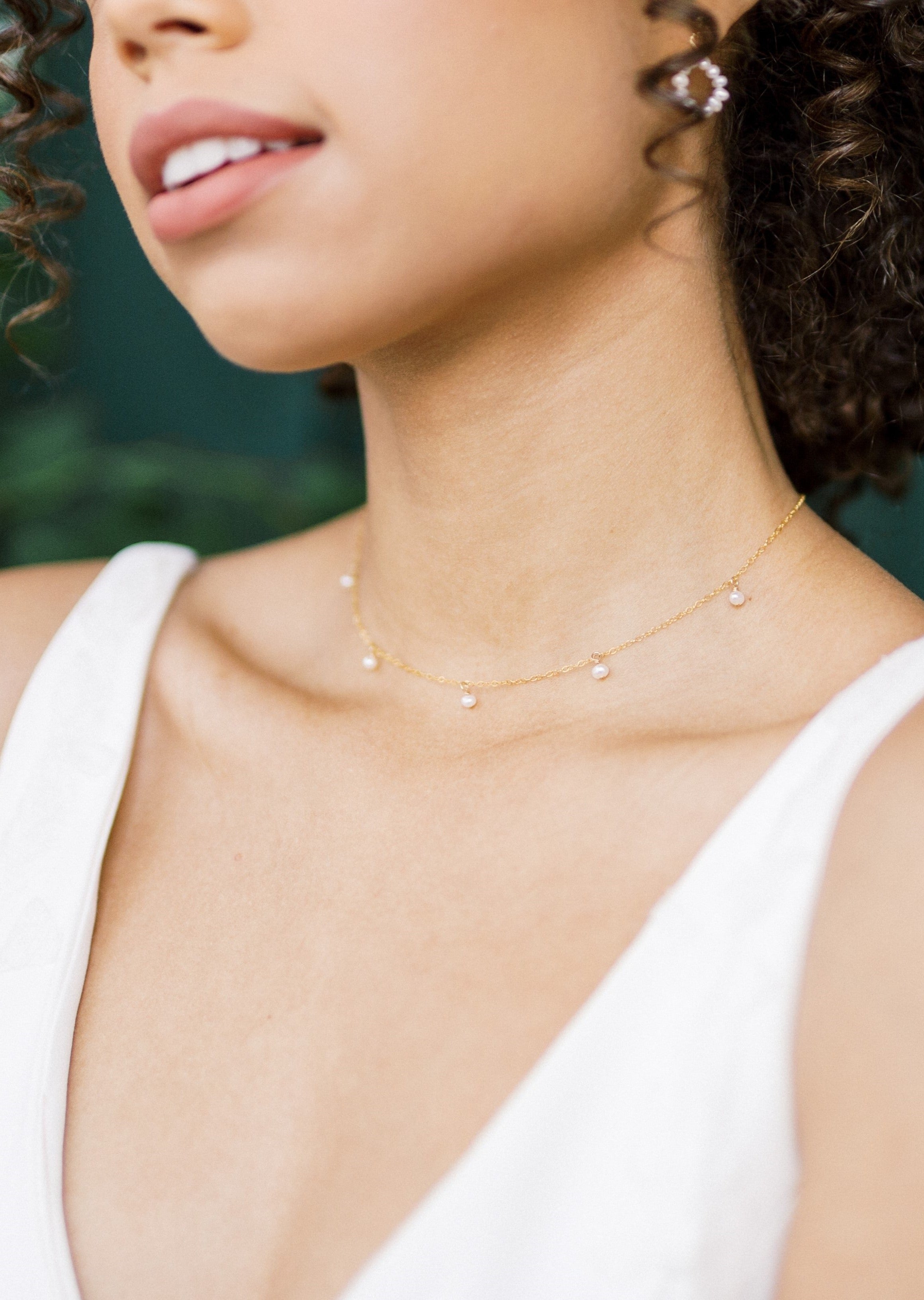 tiny pearl dangle bridal necklace for wedding dress