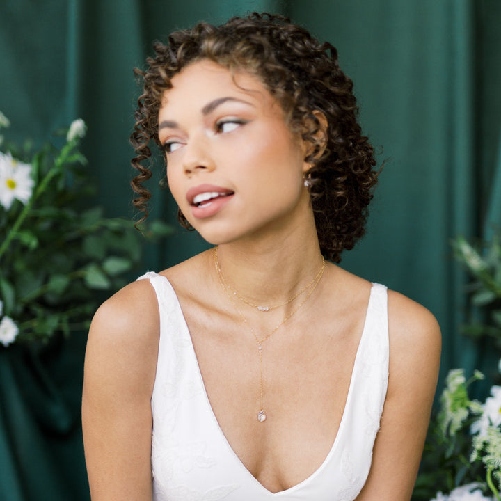 delicate bridal y necklace with double layer neckline. Choker length has a beaded bar of tiny clear crystals, Y drop has a clear crystal connector and a pretty 12mm clear crystal teardrop. Available in sterling silver, gold filled and rose gold. Handmade in Toronto Canada by Blair Nadeau Bridal Adornments