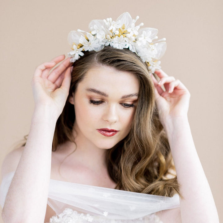 vintage wax crown inspired bridal headband in gold and ivory, handmade in canada