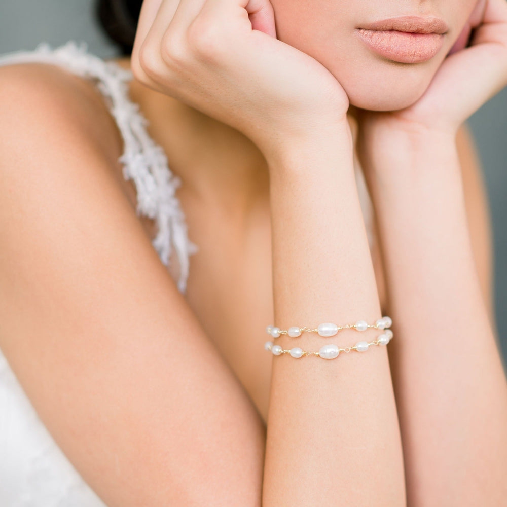 Gold and Ivory Hand Linked Wire Wrapped Freshwater Pearl Double Strand Bridal Bracelet with Clasp - Made in Toronto Canada, Blair Nadeau Bridal, Whitney Heard Photography