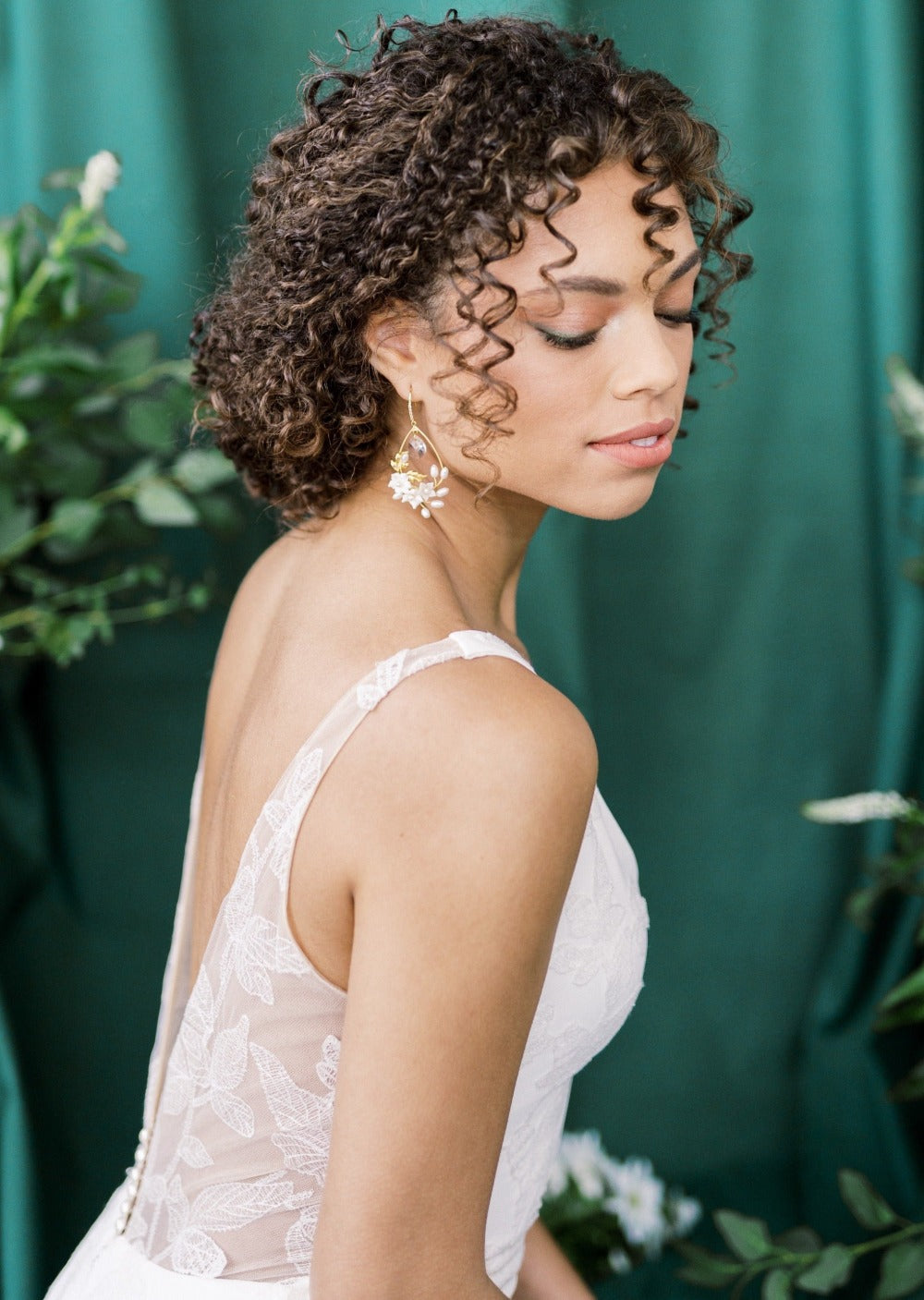 Gold Teardrop Hoop Earrings with Clay Flowers, Canadian bridal jewelry