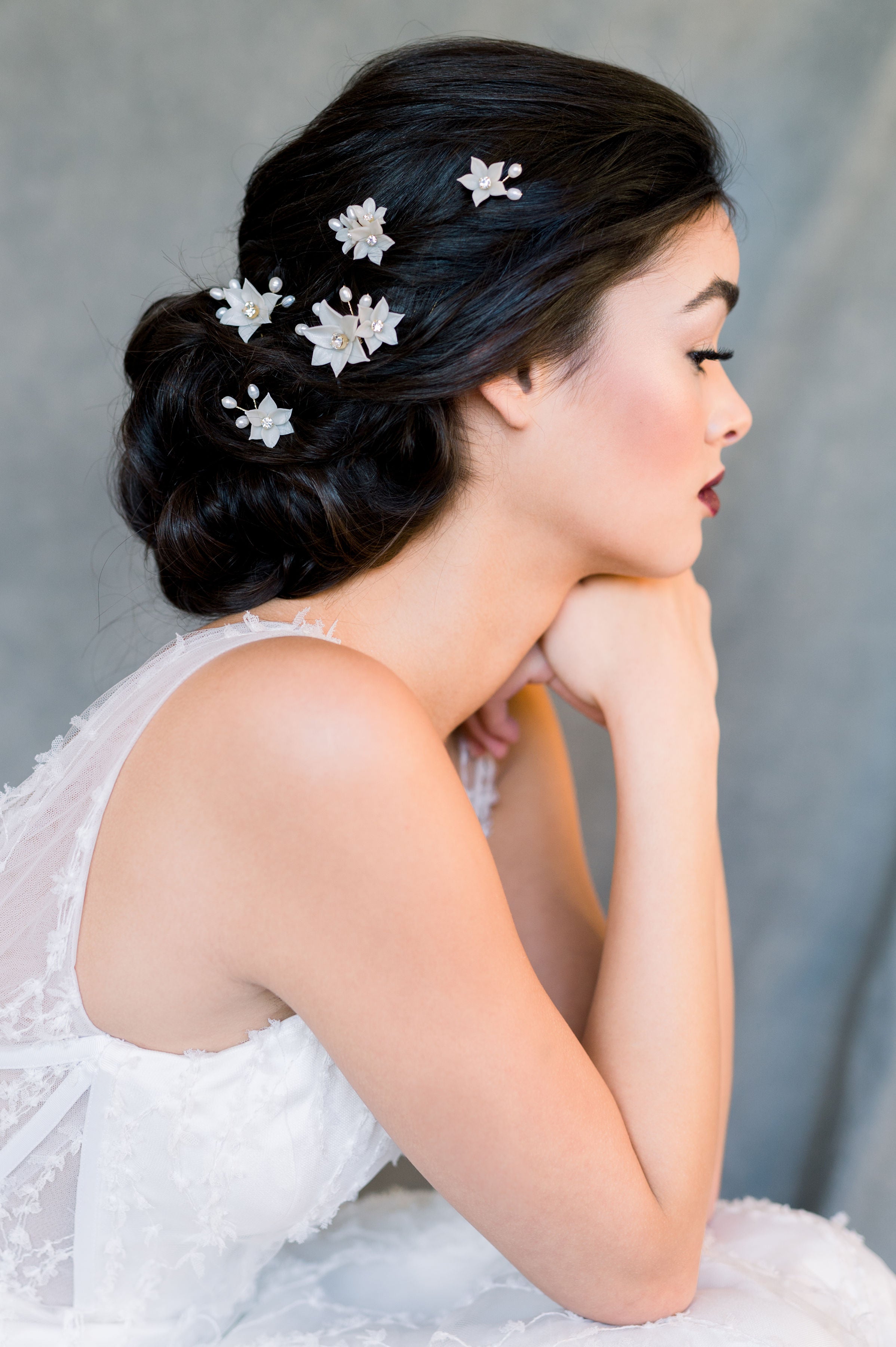 Boho Minimalist bridal hair pins for updo with clay flowers, freshwater pearls and crystals - made in toronto ontario canada - blair nadeau bridal 