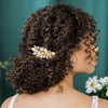  small gold flower hair comb for brides with crystalled leaves, rhinestones, flowers and pearls. Handmade in Toronto Canada by Blair Nadeau Bridal Adornments
