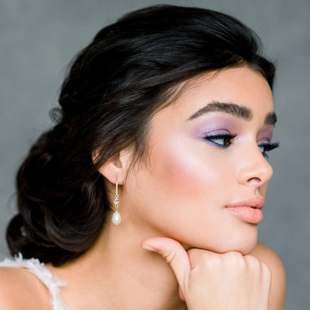 classic gold cubic zirconia crystal and pearl bridal drop earrings for brides. large pearl bridal headband for modern brides. made in toronto canada by Blair nadeau bridal adornments